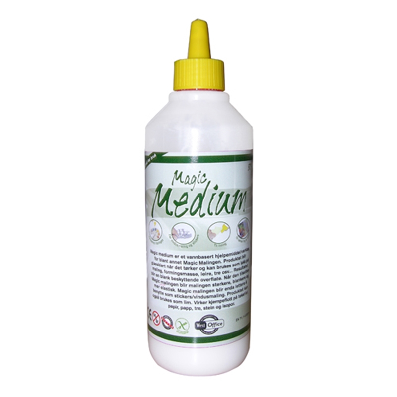 Magic Medium er et vannbasert produkt og brukes som både lakk og lim.